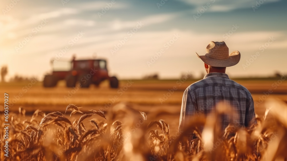 Farmer man standing on a wheat grass field at sunset, Backside view.