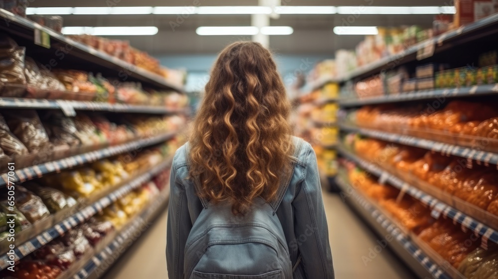 Young woman shopping in supermarket and buying groceries and food products in shopping mall.