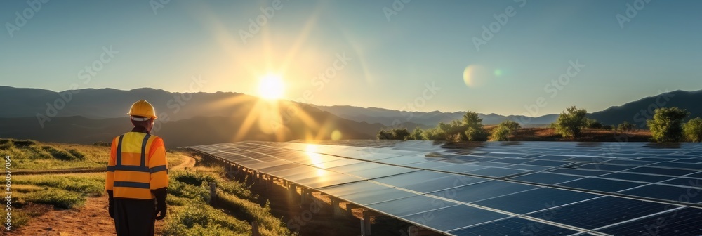 Engineer holding tablet control and checking solar cell farm.