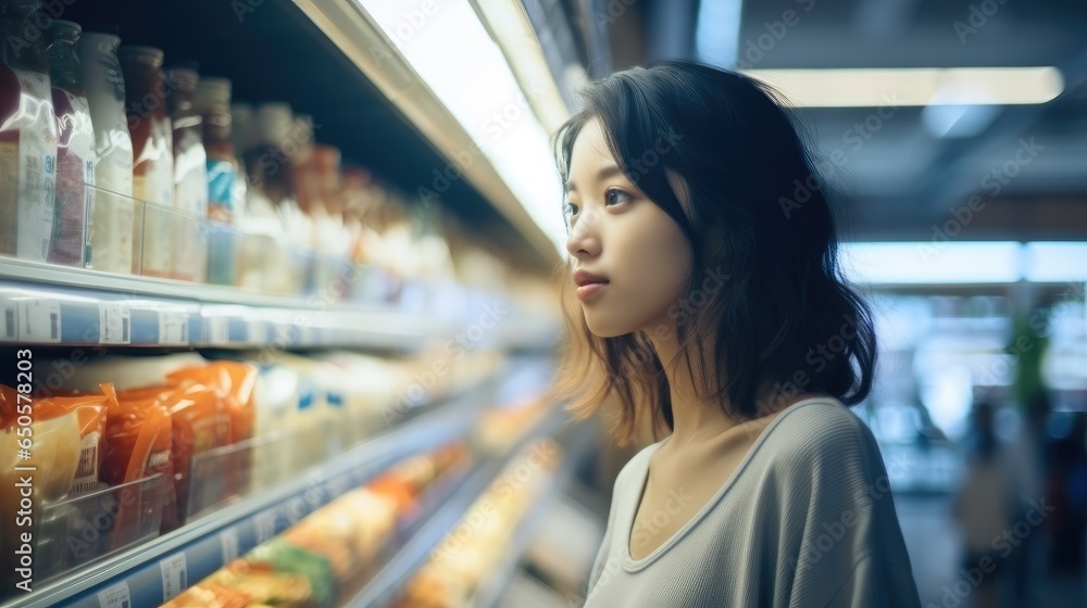 Beautiful young Asian woman shopping in supermarket and buying groceries and food products in shopping mall.