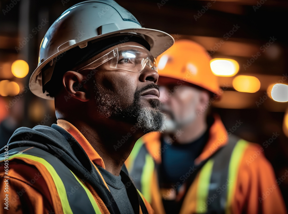 Engineer wearing a safety helmet in the background of a production line at large industrial plant.