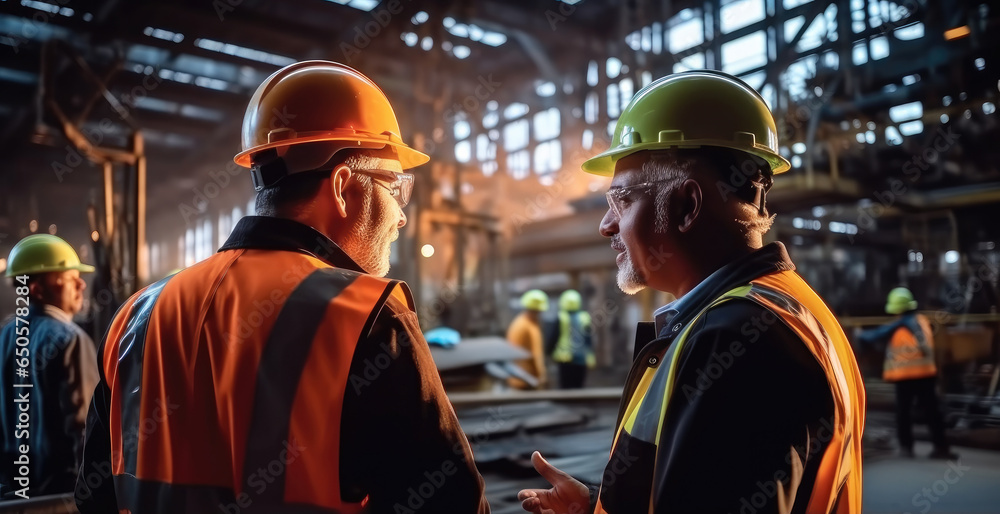 Engineer wearing a safety helmet in the background of a production line at large industrial plant.