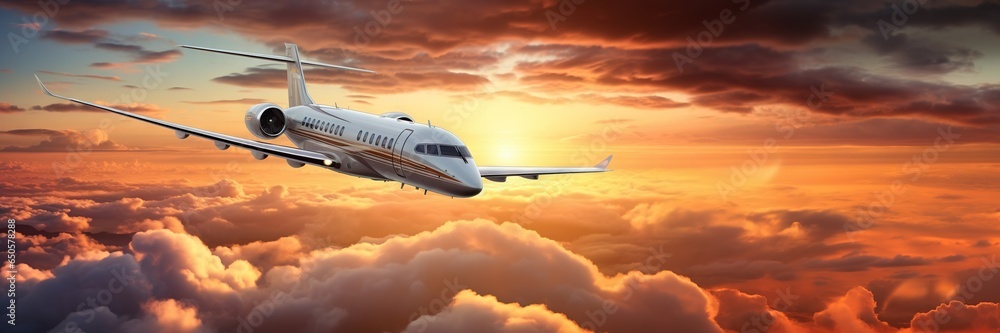 Luxury private jet flying above the clouds, beautiful sunset on background. Travel and airplane concept. Generative AI