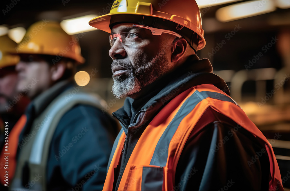 Engineer wearing a safety helmet in the background of a production line at large industrial plant.