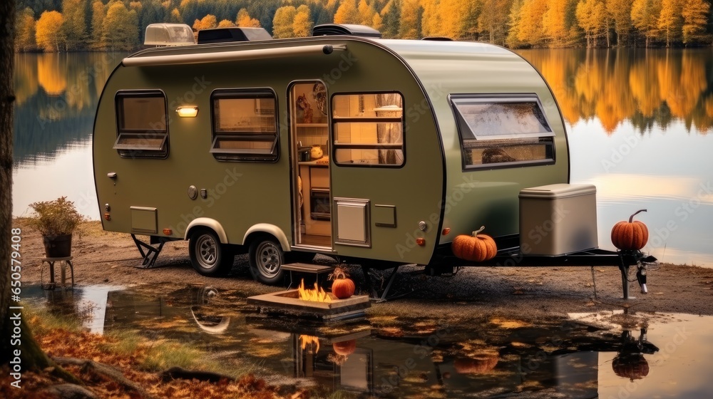 Trailer of mobile home is on the river bank, Camping in the nature, Family travel concept.