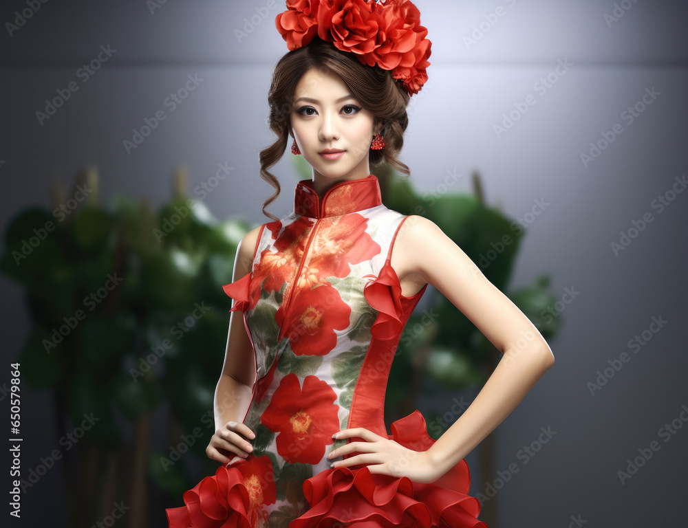 Beautiful Chinese woman in cheongsam with vegetable background.