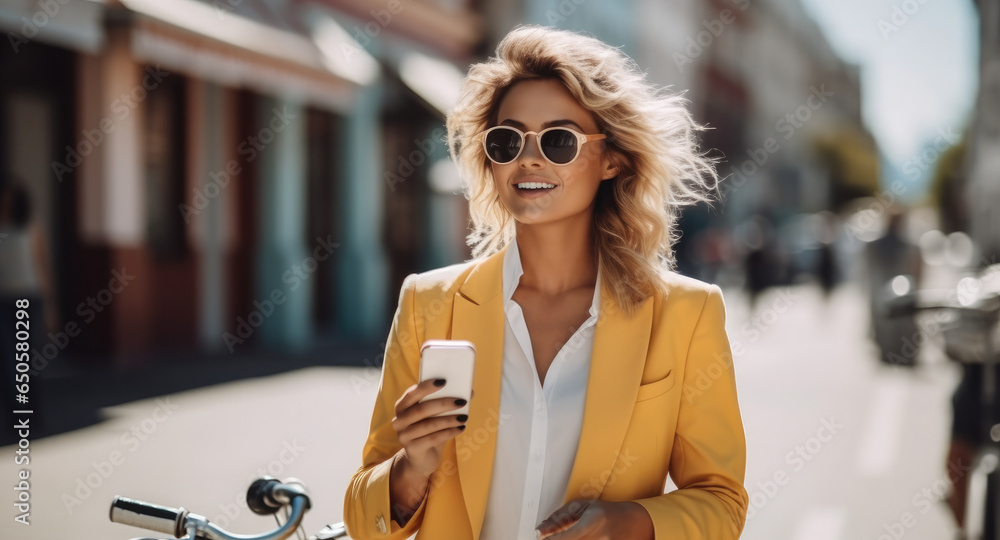 Beautiful woman standing with bicycle on the street and talks on the phone.