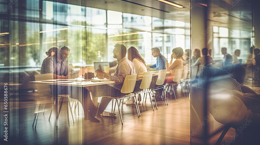 Business office with blurred people casual wear sitting in a meeting. Generative Ai