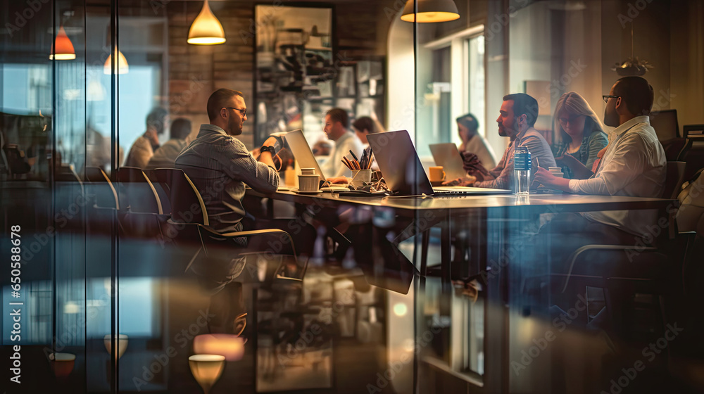 Business office with blurred people casual wear sitting in a meeting. Generative Ai