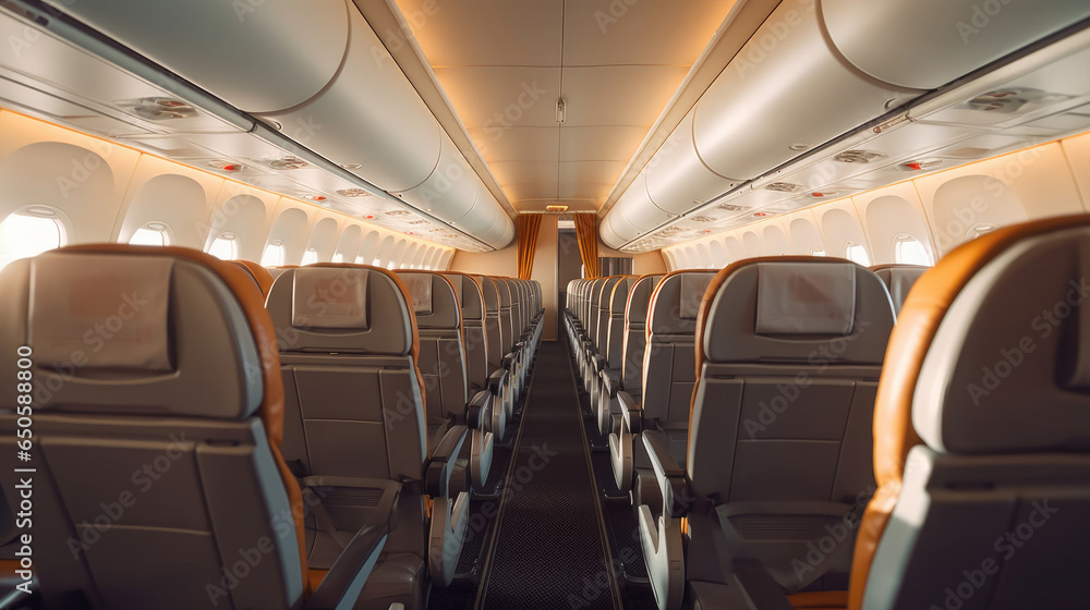 Empty aircraft seats. Interior of passenger plane. Generative Ai