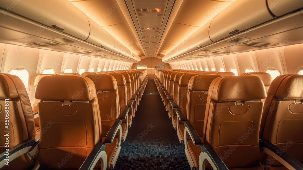 Empty aircraft seats. Interior of passenger plane. Generative Ai