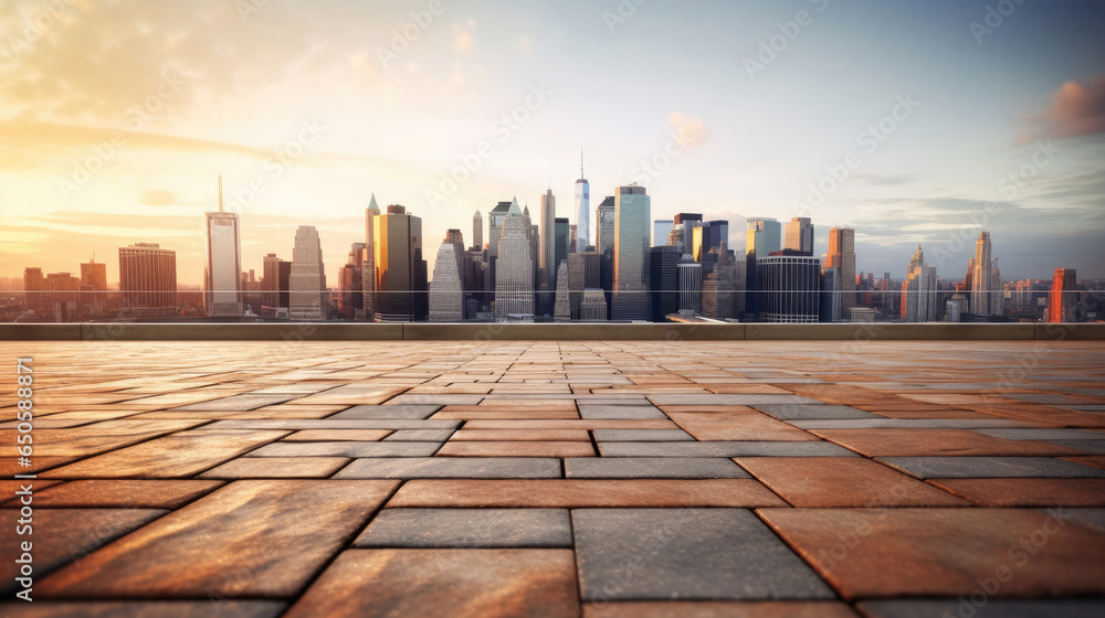 Empty brick floor with cityscape and skyline background. Generative Ai