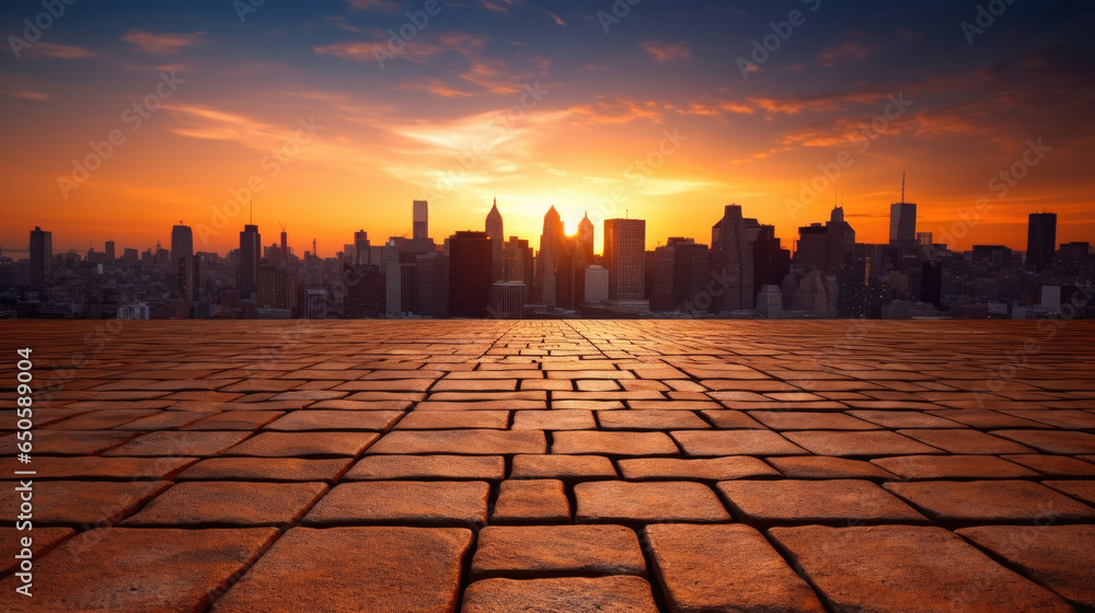 Empty brick floor with cityscape and skyline background. Generative Ai