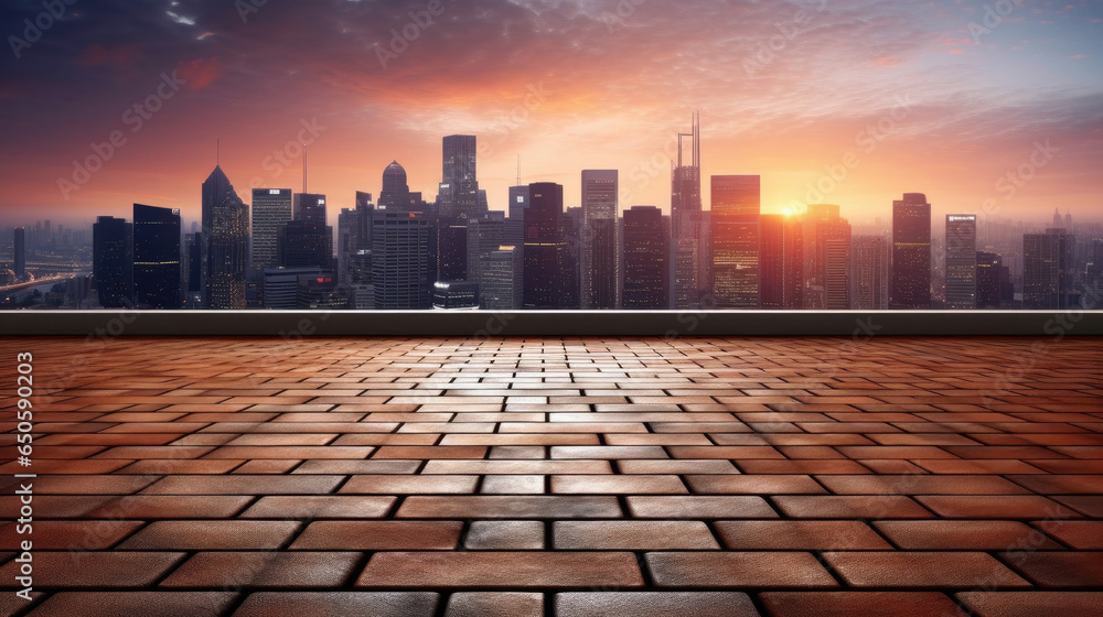 Empty brick floor with cityscape and skyline background. Generative Ai