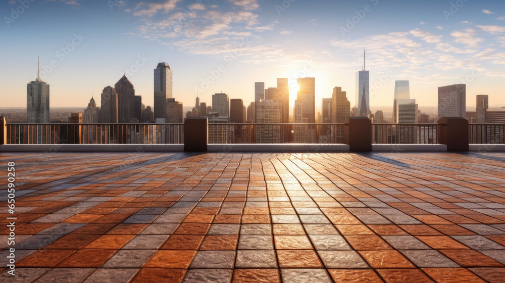 Empty brick floor with cityscape and skyline background. Generative Ai