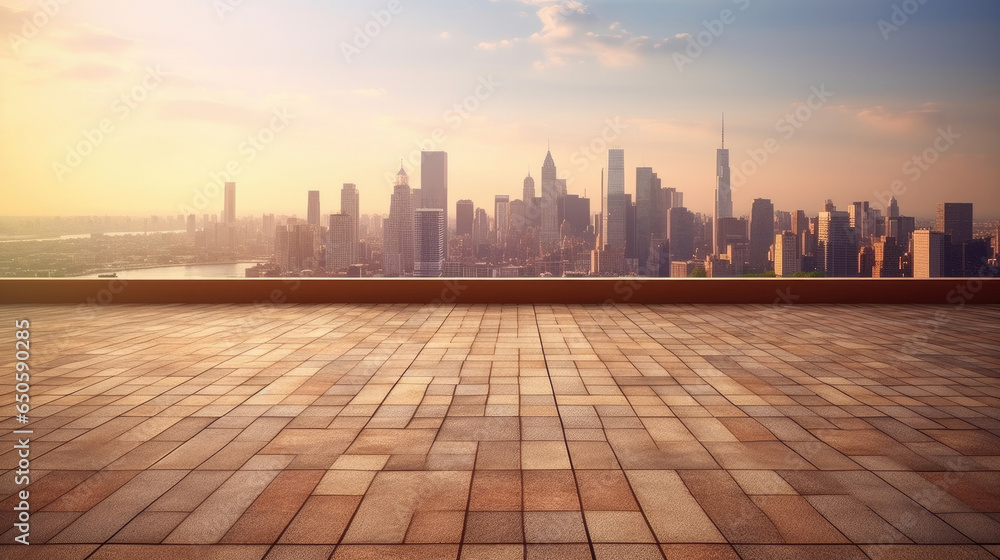 Empty brick floor with cityscape and skyline background. Generative Ai