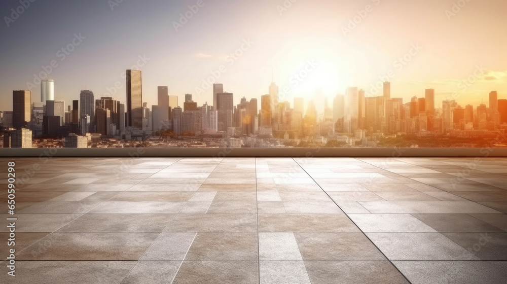 Empty cement floor with cityscape and skyline background. Generative Ai