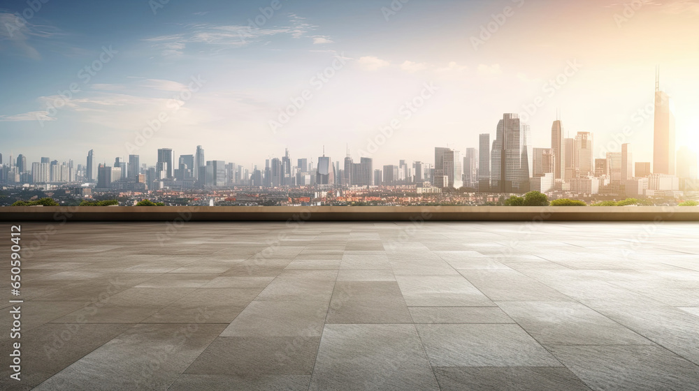 Empty cement floor with cityscape and skyline background. Generative Ai