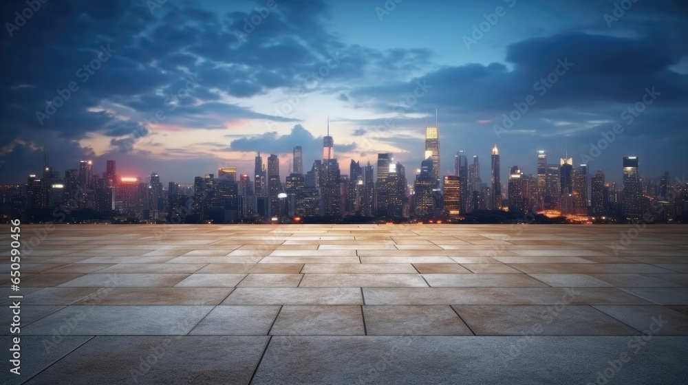 Empty cement floor with cityscape and skyline background. Generative Ai