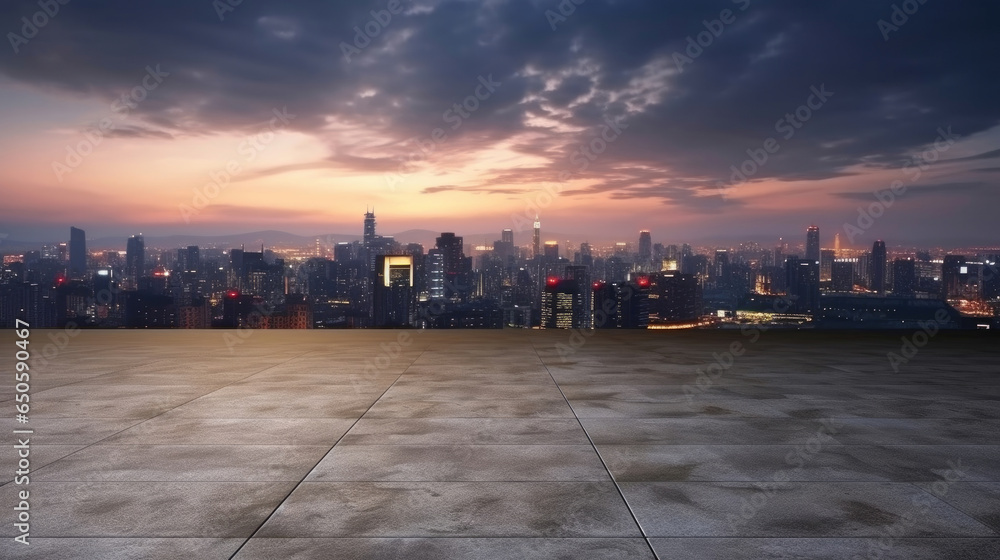 Empty cement floor with cityscape and skyline background. Generative Ai