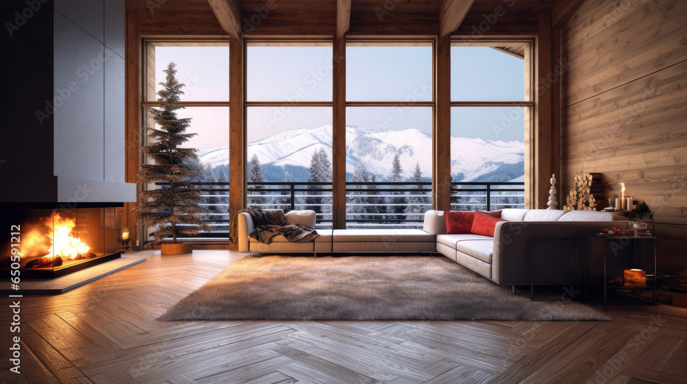 Empty of Cozy modern winter living room interior with a modern fireplace in a chalet. Generative Ai