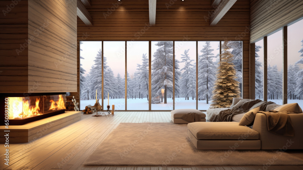 Empty of Cozy modern winter living room interior with a modern fireplace in a chalet. Generative Ai