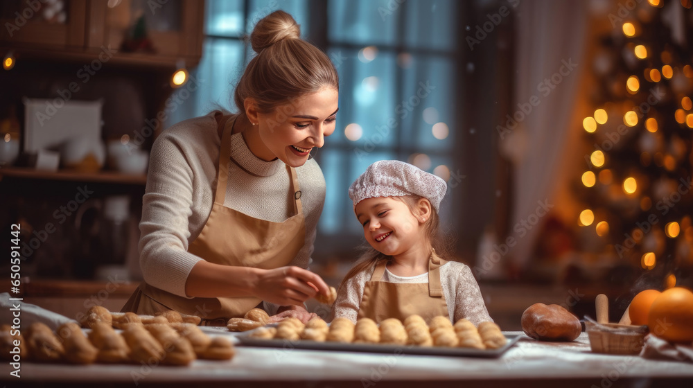 Merry Christmas and happy holidays. Mother and daughter are preparing Christmas cookies at the kitchen. Generative Ai