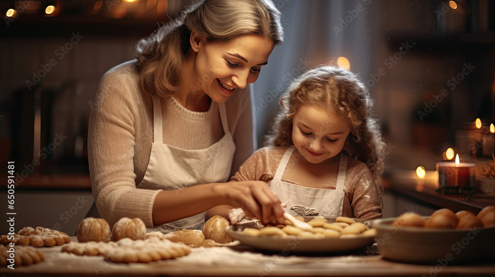 Merry Christmas and happy holidays. Mother and daughter are preparing Christmas cookies at the kitchen. Generative Ai