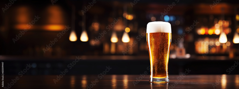 Pilsner glass of light beer on bar table in a dark pub with copy space. Generative AI