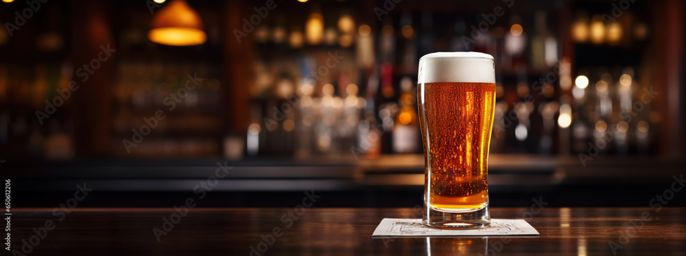 Pilsner glass of light beer on bar table in a dark pub with copy space. Generative AI