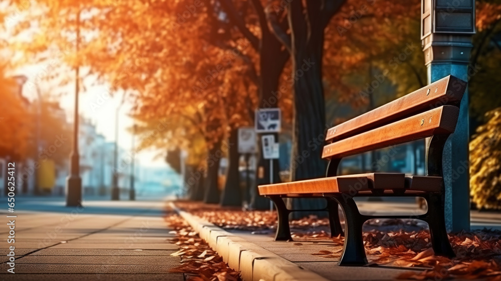 Wooden bench in the autumn park, an empty street. Yellow trees of a city alley. Generative AI