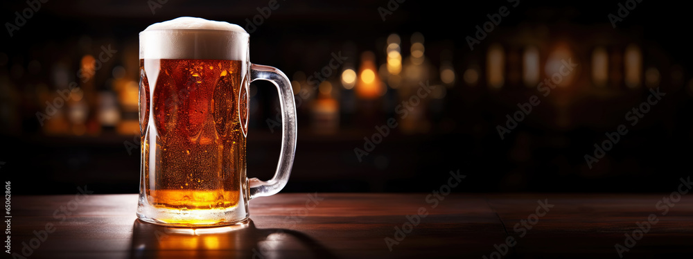 Glass mug of light beer on bar table in a dark pub with copy space. Generative AI