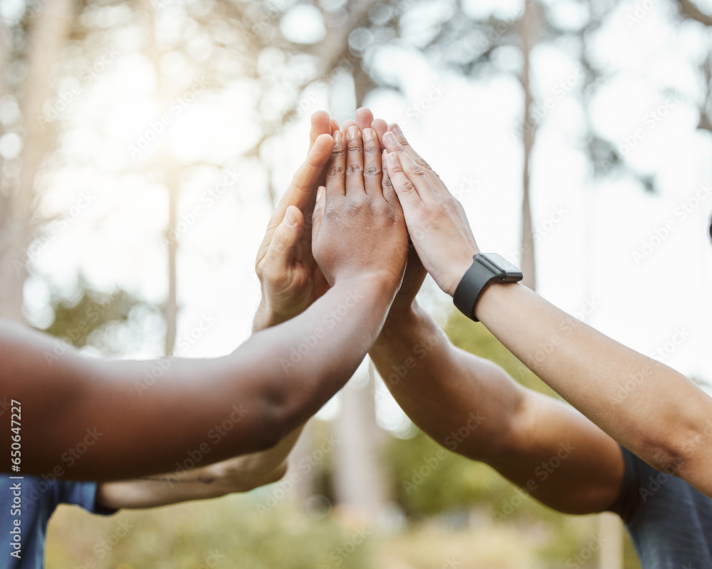 Hands, high five with exercise group and support in team of people outdoor, help and success with training. Huddle, collaboration or partnership with solidarity, trust in fitness community with goals