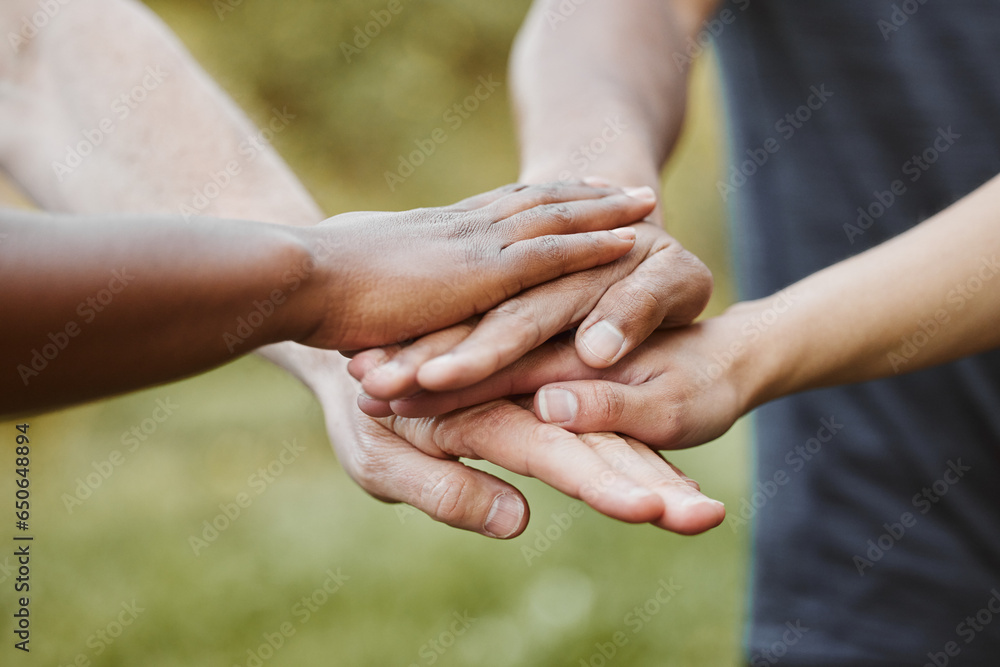 Hands together, closeup and support with team of people outdoor, help and mission with strategy. Huddle, collaboration or partnership with solidarity, trust in community with goals and friends