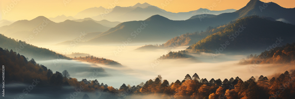 Beautiful autumn forest scene . Colorful morning view on foggy mountains and clouds at sunrise time. Beauty of nature concept background.