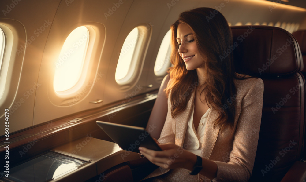 Smiling happy business woman flying and working in an airplane in first class, Woman  sitting inside an airplane using laptop.