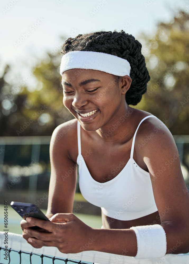 Tennis, black woman smile and phone text outdoor for sport, fitness and workout with social media at net. Exercise, match training and mobile networking with website and app on court for wellness