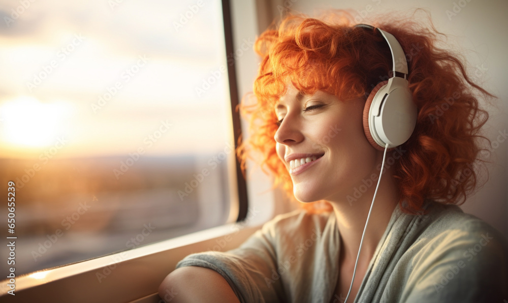 Happy female traveler on the train, Woman sitting in headphones, relaxing enjoying the trip