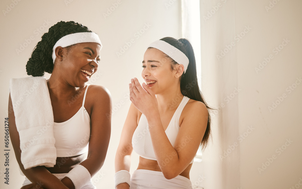 Locker room, sports and women laugh for tennis training, exercise and workout for practice or match. Fitness, friends and people with funny joke, humor and comedy for conversation, bonding and fun