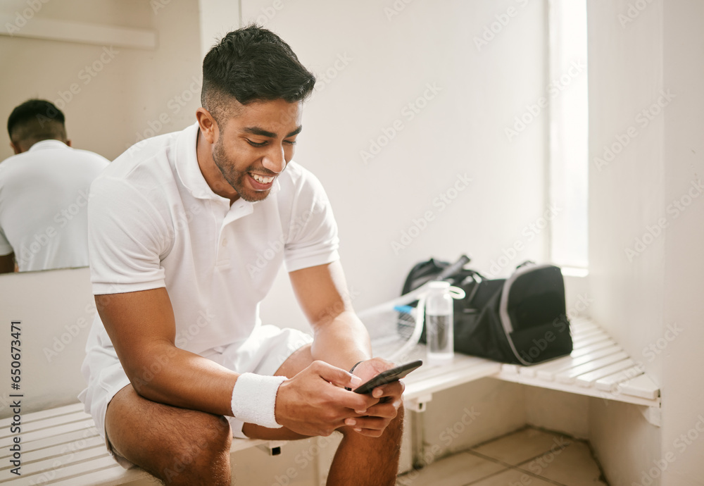 Happy man, tennis and phone in social media for communication, networking or online search. Male person, athlete or player smile for texting, typing or chatting on mobile smartphone or sports app