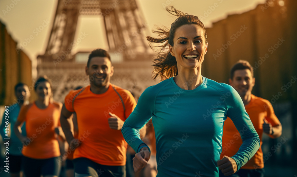 Group athletes running competition at Paris city, Marathon runners running the marathon in the city streets.