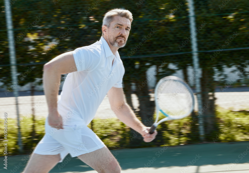 Senior, fitness and portrait of man at a court for tennis, training or outdoor cardio workout. Sports, face and elderly male athlete with racket game practice, exercise and club performance challenge