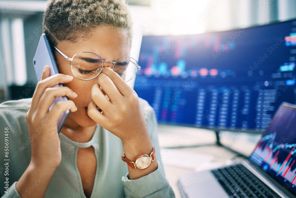 Frustrated woman, phone call and headache in trading, fail or mistake from stock market crash at office. Broker in debt, stress or anxiety listening on smartphone to angry client after bad investment