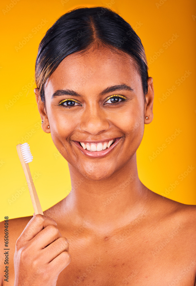 Woman, smile and portrait for dental, toothbrush and teeth for health, happy and hygiene by studio background. Person, treatment and whitening or clean, oral and brushing teeth for wellness in mouth