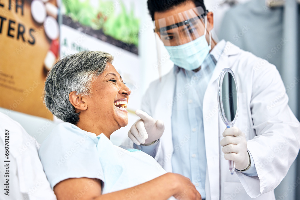 Dental, healthcare or mirror with a dentist and patient consulting in an oral hygiene appointment. Teeth, cleaning and mature woman client at the orthodontist for a medical checkup to prevent decay