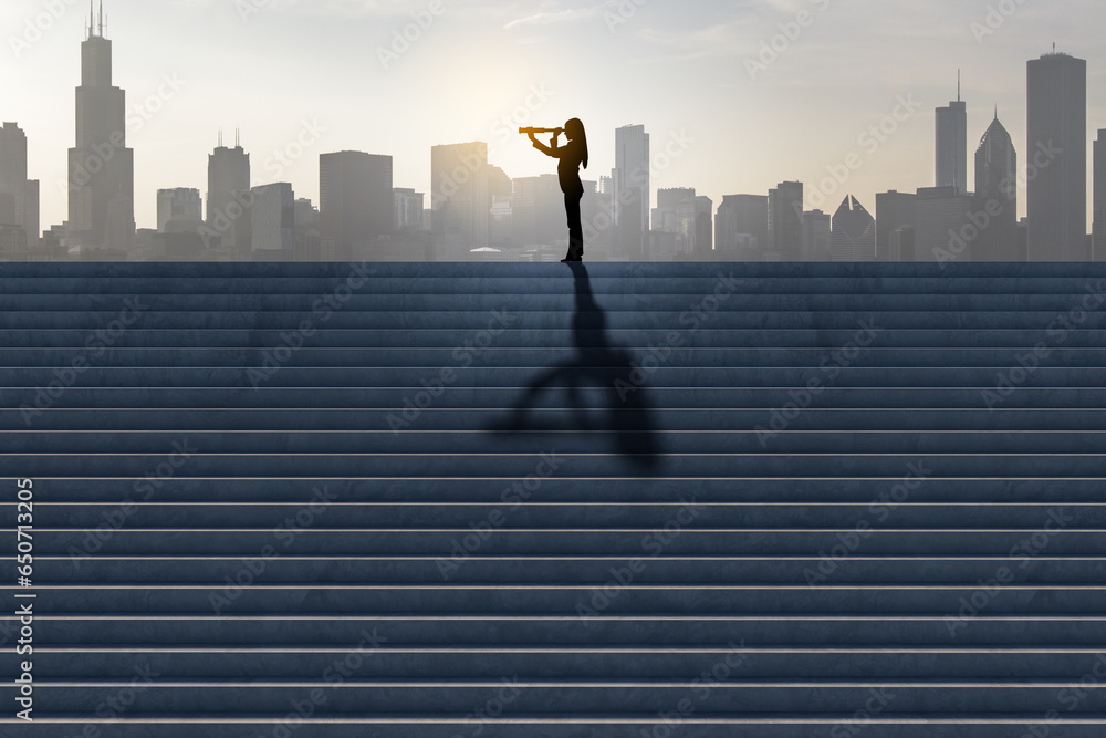 Side view of businesswoman silhouette with telescope looking into the distance on stairs with shadow and city skyline in the background. Success, tomorrow, future and vision concept.