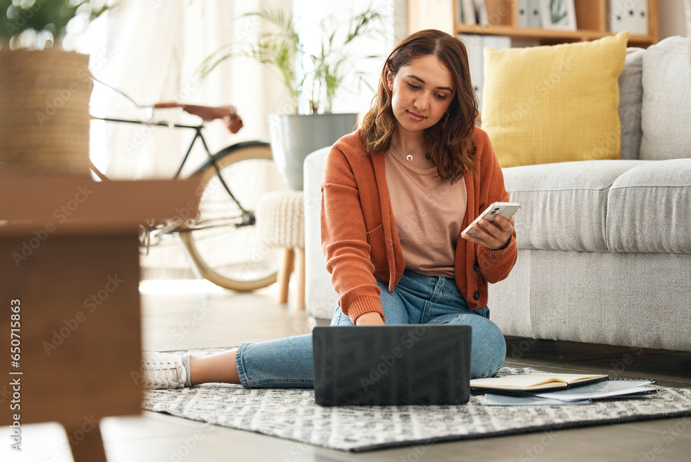 Woman, laptop and phone with remote work from home, web chat or thinking for web design job on floor. Freelance entrepreneur, computer and developer for contact, problem solving and typing in house