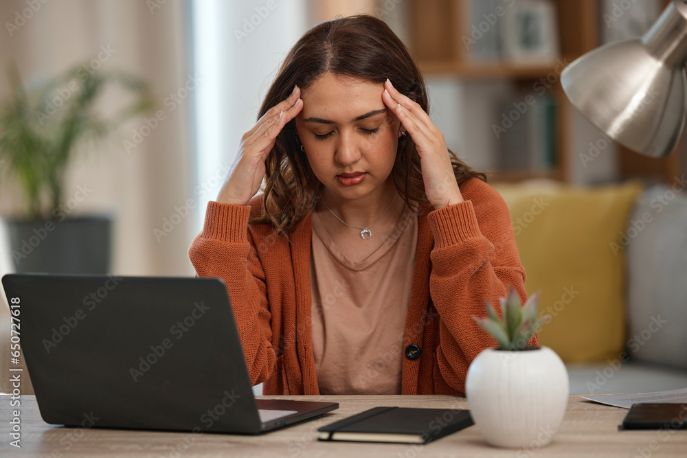 Woman, headache and student with laptop, pain or burnout with tech glitch, fatigue and anxiety about exam. Migraine, health fail and mistake, university website error or 404 with stress while at home