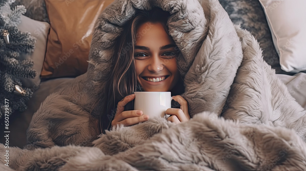 A Cheerful young woman drinking coffee while sitting under the covers on the couch at home in winter. Generative Ai