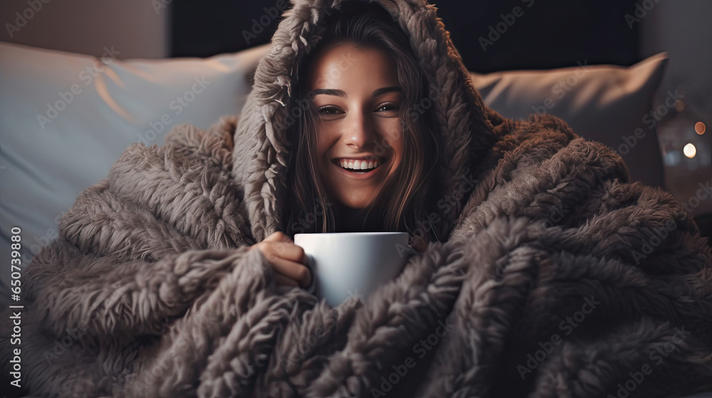 A Cheerful young woman drinking coffee while sitting under the covers on the couch at home in winter. Generative Ai